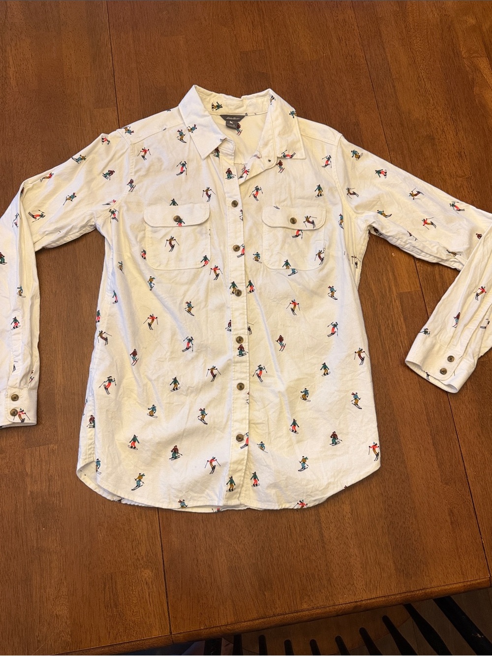 Eddie Bauer White Button-Down Shirt with Multicolor Skier Print